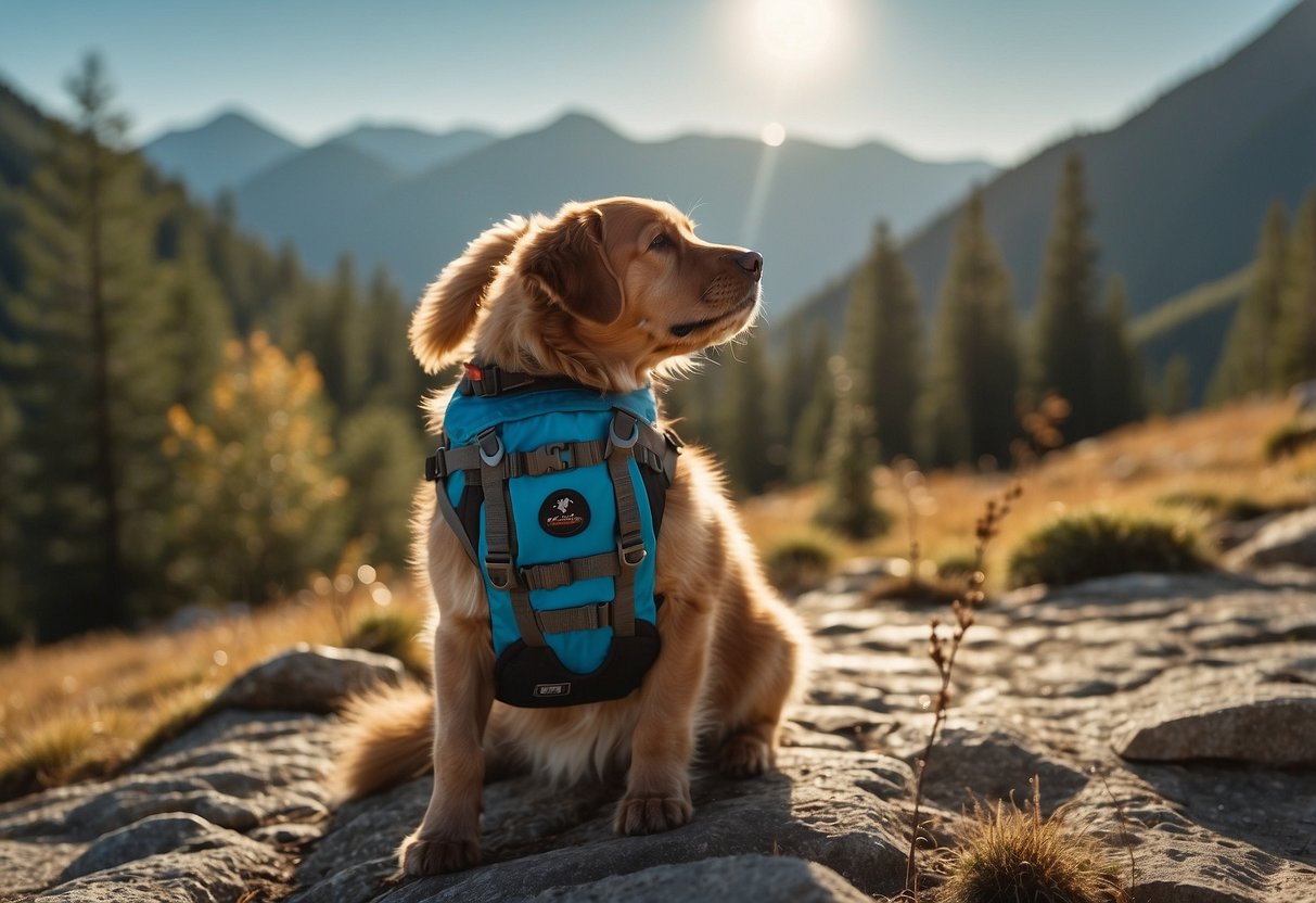 Clear skies, sun shining, mountains in the distance, a dog with a harness and leash, a cat in a carrier, a backpack with water bottles and pet supplies, a trail map, and a weather app on a smartphone