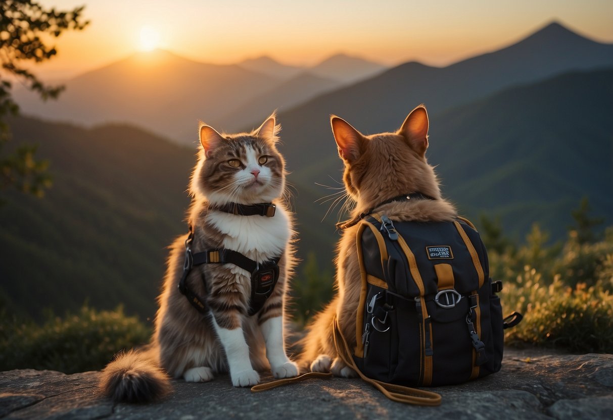 A dog and cat sit beside a backpack, harness, and rope. The sun sets behind a mountain, casting a warm glow on the gear