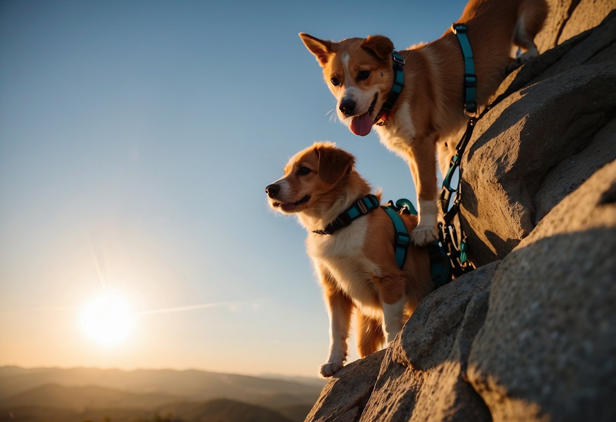 A dog and a cat climbing a rock wall, wearing harnesses and leashes, with a pet owner guiding them from below. The sun is setting in the background