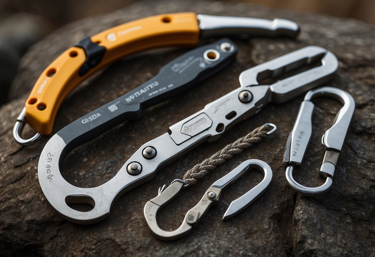 Five top-rated multi-tools laid out on a rock ledge, with a climbing rope and carabiners in the background. The tools are shown in various angles to highlight their features and functionality