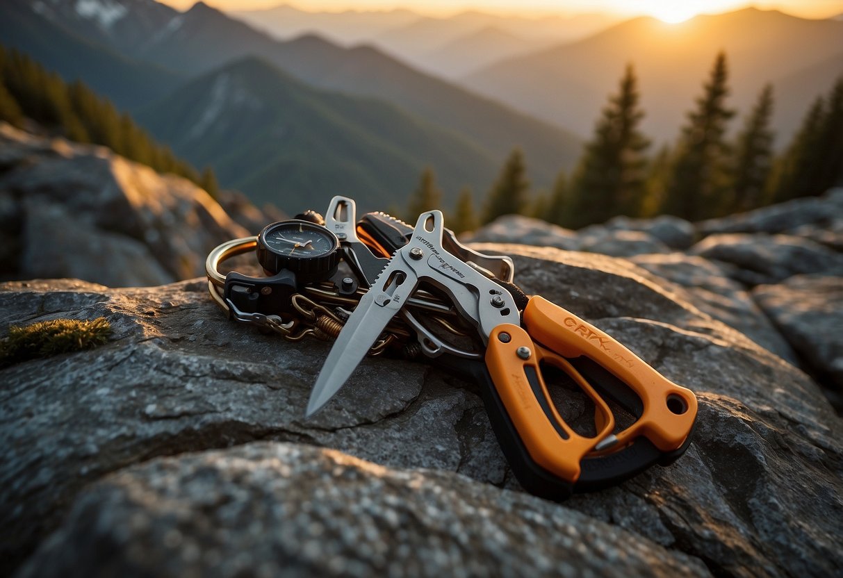 A CRKT Bivy multi-tool lies on a rocky ledge, surrounded by climbing gear and carabiners. The sun sets behind a towering mountain peak, casting a warm glow over the scene