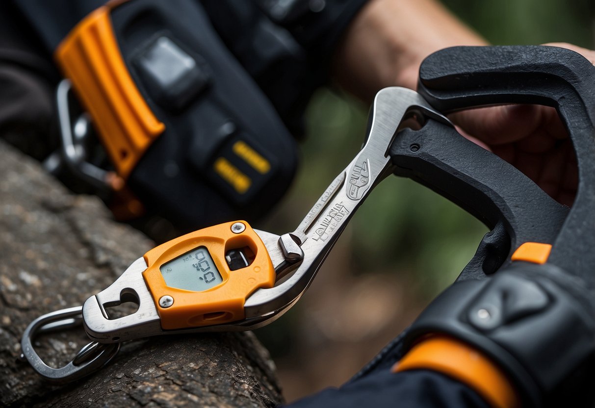 A climber's hand reaches for a multi-tool on a carabiner. Nearby, a checklist of safety tips for using multi-tools is displayed