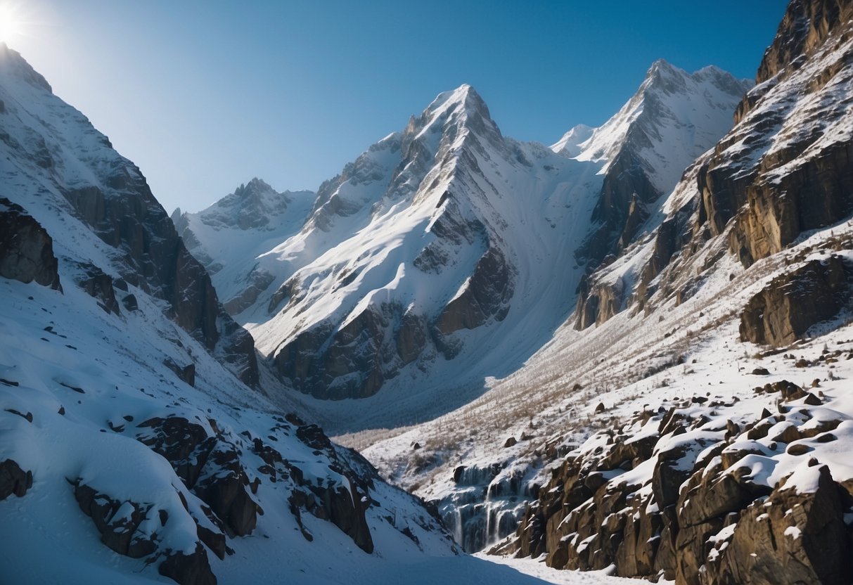 Snow-covered mountains with jagged peaks, icy cliffs, and frozen waterfalls. Clear blue skies and crisp, white snow create a picturesque winter climbing scene