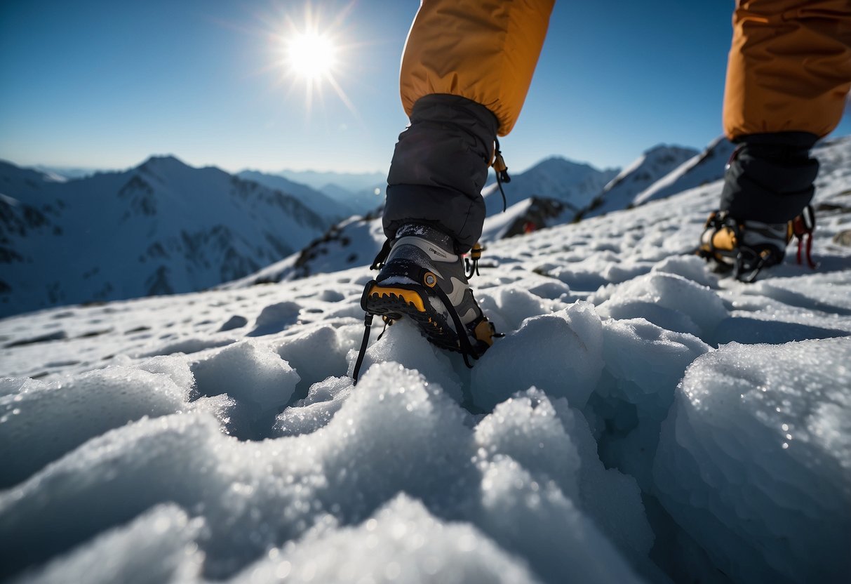 Snow-covered mountains, clear blue skies, and icy cliffs. Crampons and ice axes in use. Cold, crisp air and winter sun shining down on the climbers