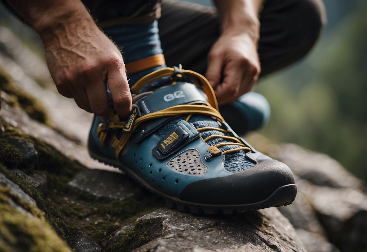 A climber carefully adjusts their gear, wearing proper footwear and socks, using tape to protect vulnerable areas, and maintaining good foot hygiene