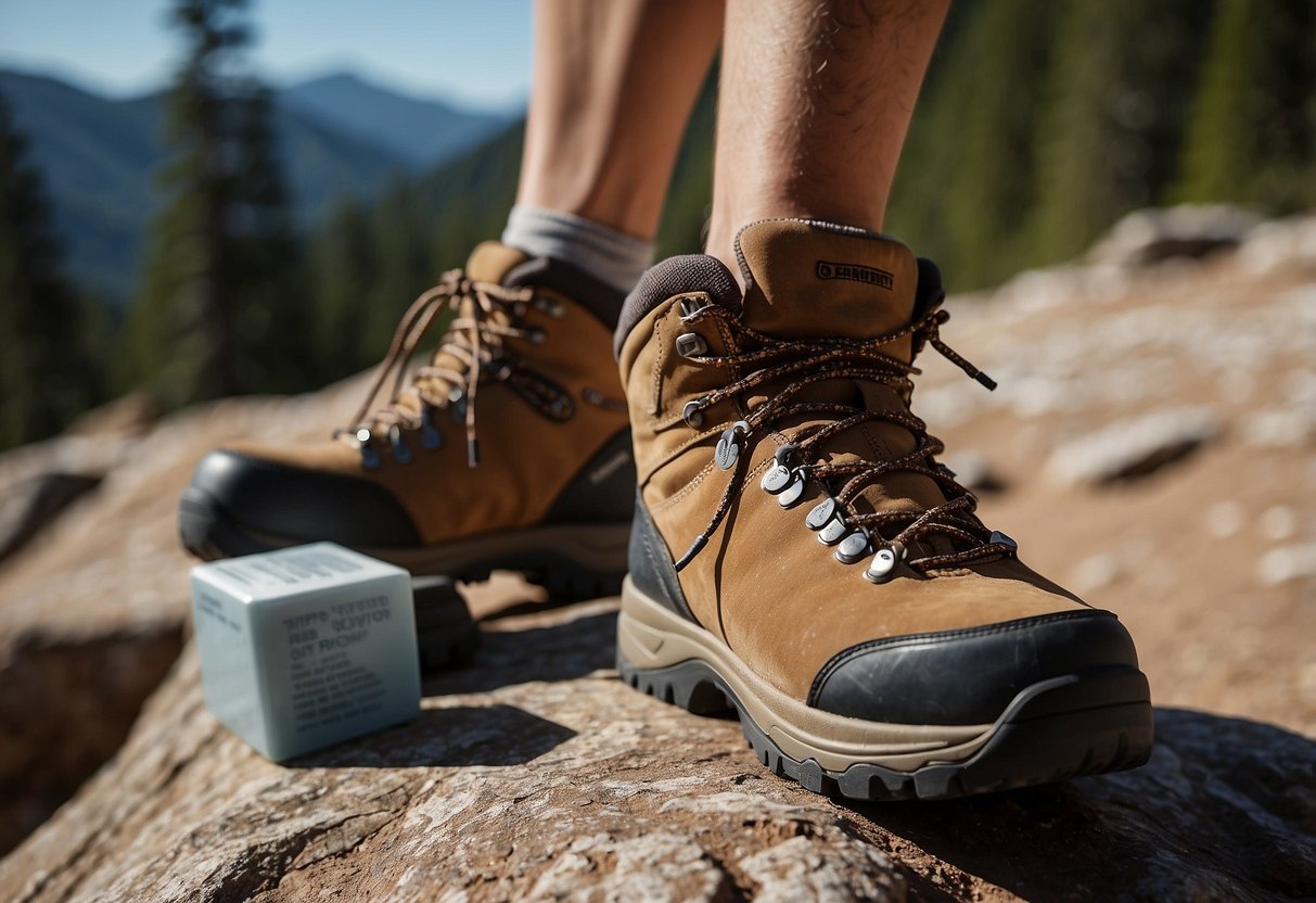 A hand sprinkles foot powder on a hiking boot. Nearby, a list of "7 Tips for Avoiding Blisters While Climbing" is displayed