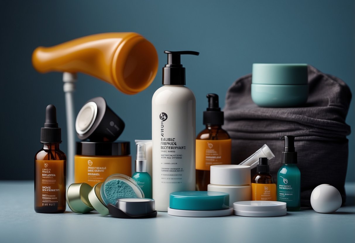 A hand reaching for a bottle of moisturizer next to a climbing gear, surrounded by a variety of skincare products and blister prevention items