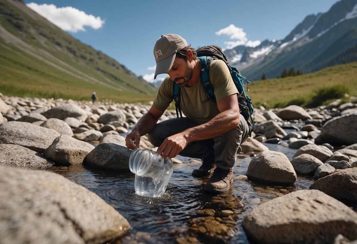 A mountain climber filling a water bottle from a clear, flowing stream. Nearby, a natural spring gushes from a rocky outcrop. In the distance, a pristine alpine lake reflects the towering peaks