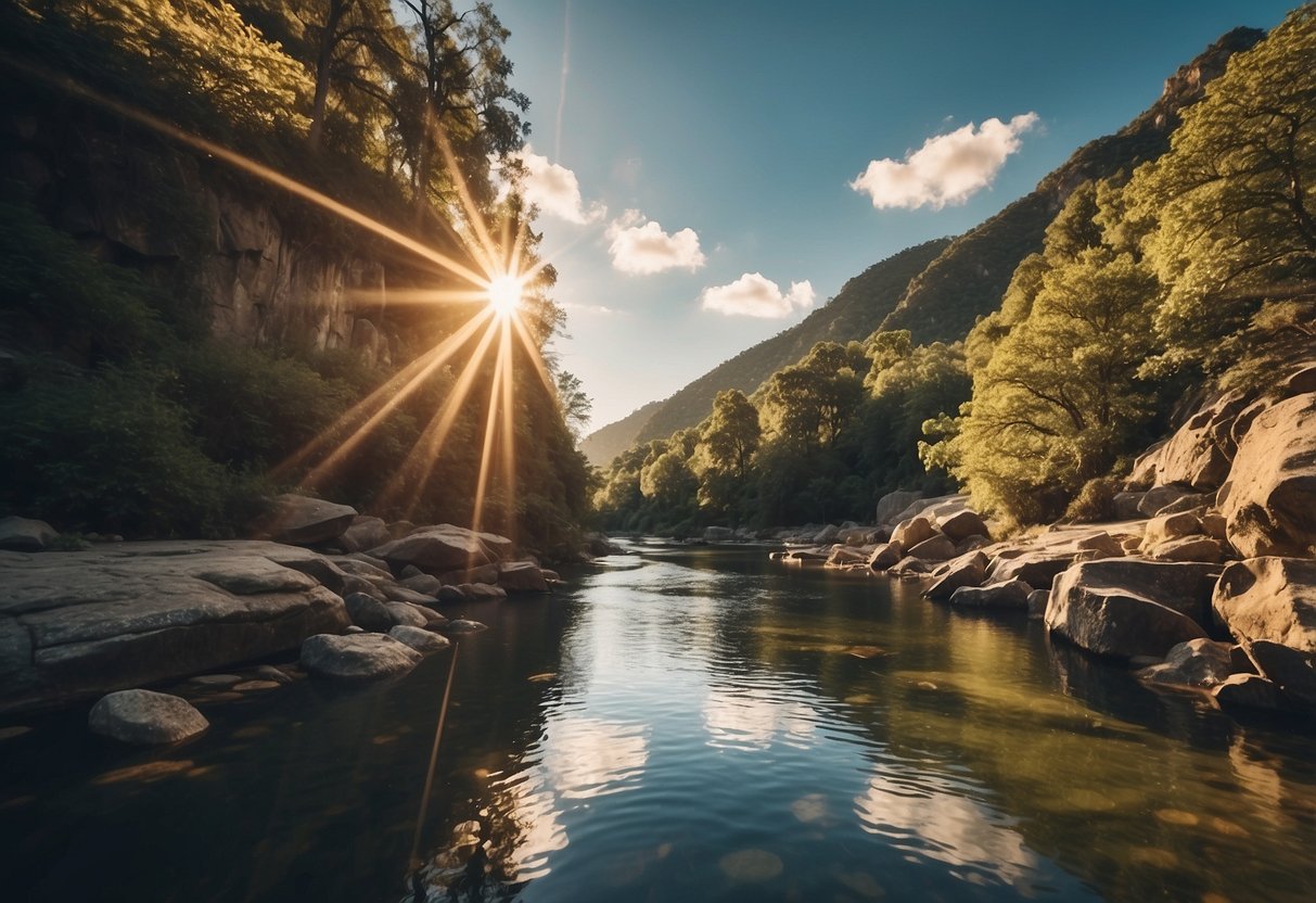 The sun reflects off the clear, filtered river water, surrounded by rocky cliffs and lush greenery. Ideal for climbing trips