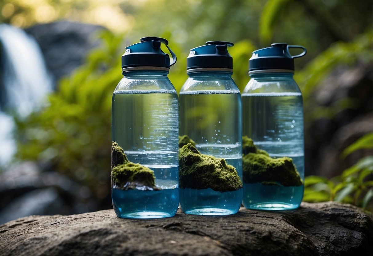 Five water bottles with built-in filters sit atop a rocky cliff, surrounded by lush greenery and a rushing waterfall in the background