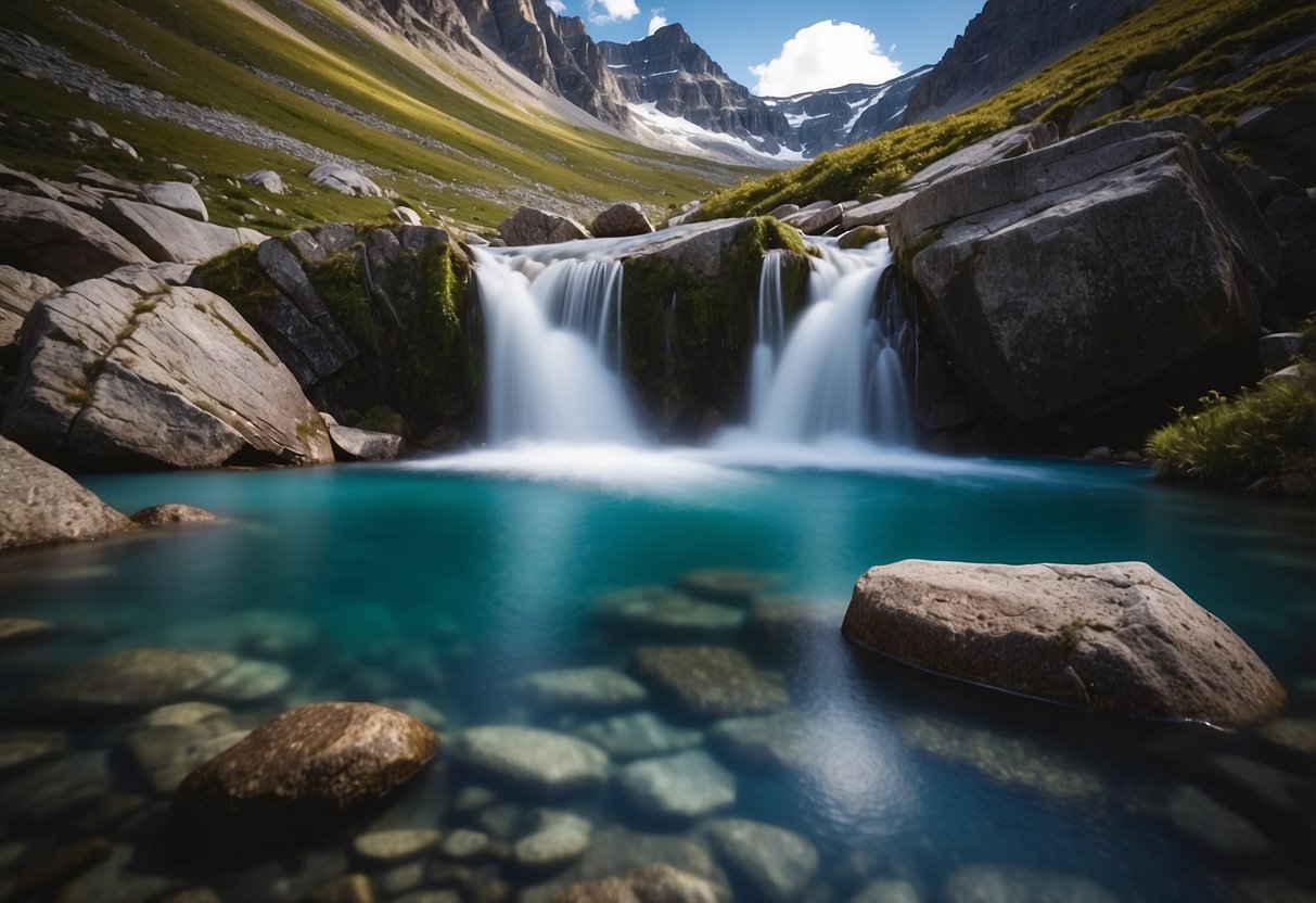 Glacier melt streams flow through rocky terrain, feeding into pristine alpine lakes and cascading down sheer cliffs, providing essential water sources for climbing trips