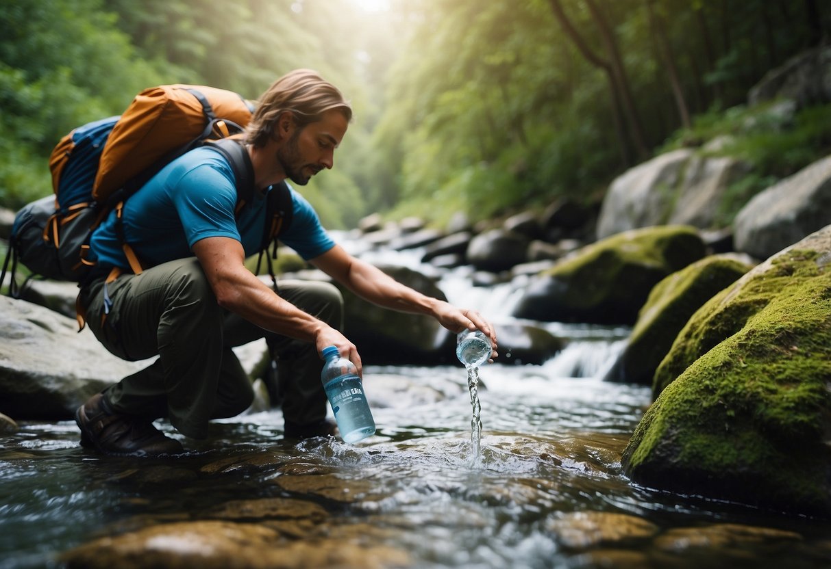 A mountain climber fills a water bottle from a clear, rushing stream surrounded by rocky cliffs and lush greenery. A sign nearby reads "Commercial Purified Water 5 Best Water Sources for Climbing Trips."