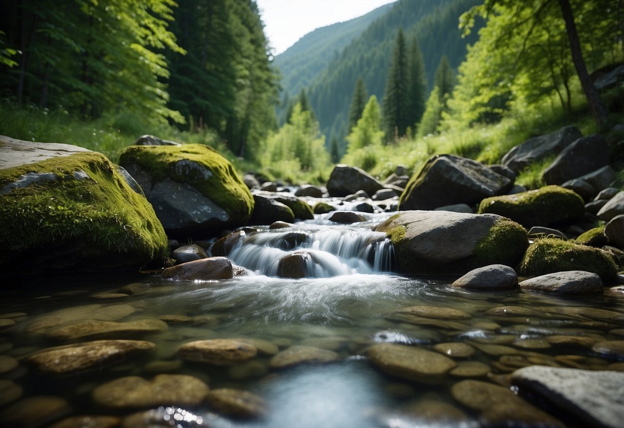 Crystal-clear mountain stream flows over rocks, surrounded by lush greenery. A small water purification system sits nearby, ready for use