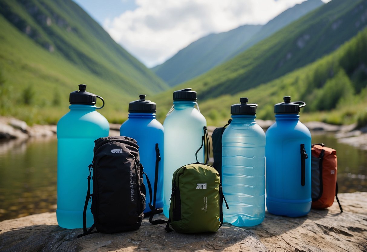 A collection of water bottles, hydration packs, and collapsible water containers arranged near a mountain cliff. A natural spring, flowing stream, and rainwater catchment system are visible in the background