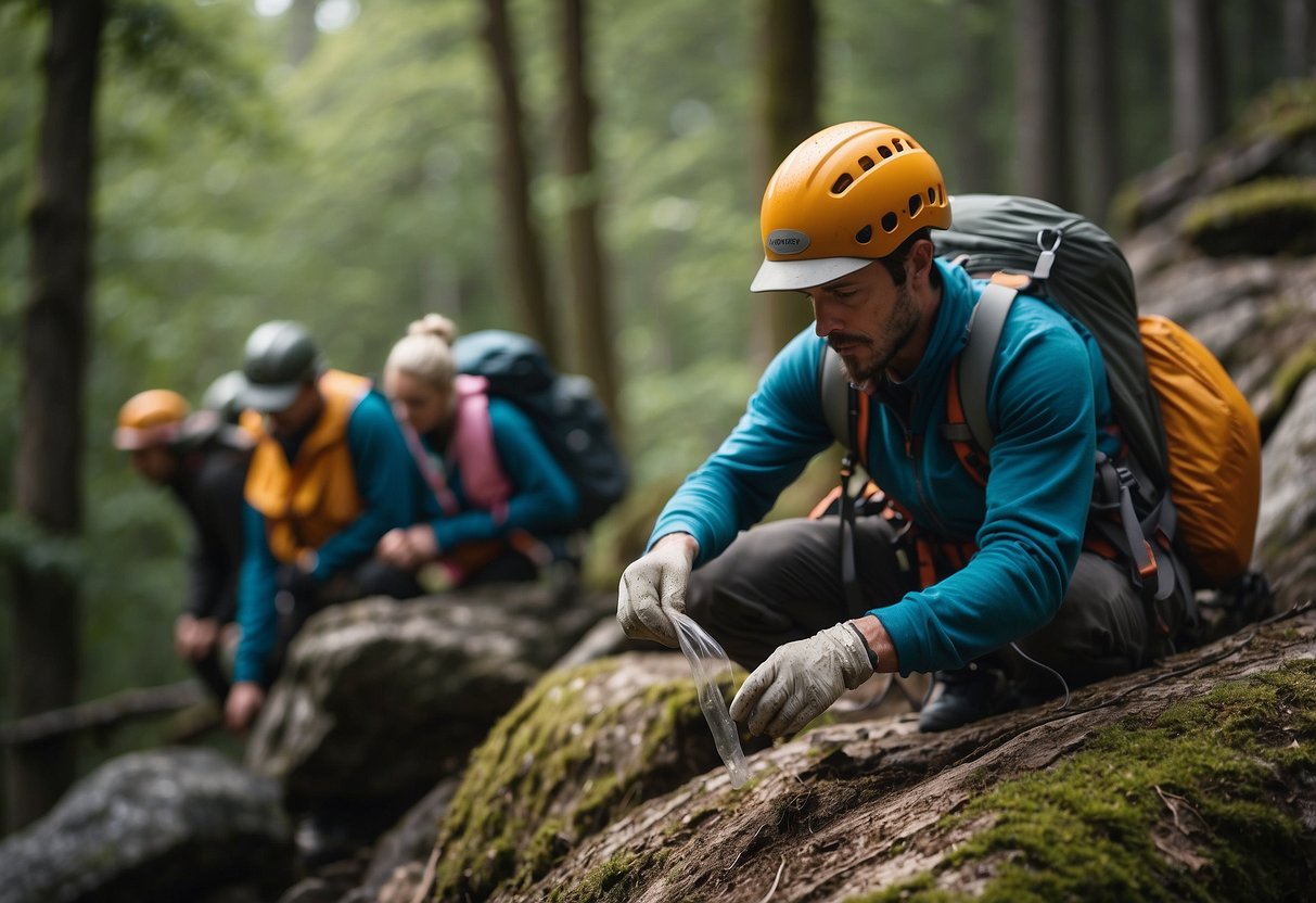 A climber packs out all waste, removes tick marks, and stays on established trails. They avoid disturbing wildlife and minimize chalk use