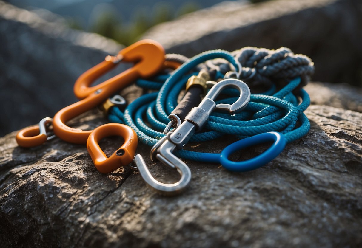 Climbing gear scattered on rocky ledge, rope coiled neatly, carabiners clipped to harness, chalk bag hanging from bolted anchor