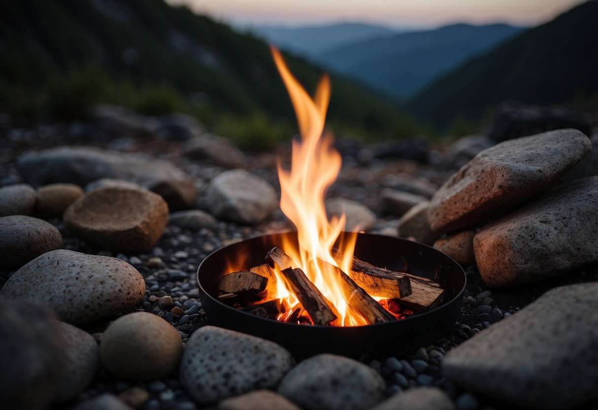 A small campfire burns in a designated fire ring, surrounded by rocks. Climbing gear and ropes are neatly organized nearby. No trash or debris is visible