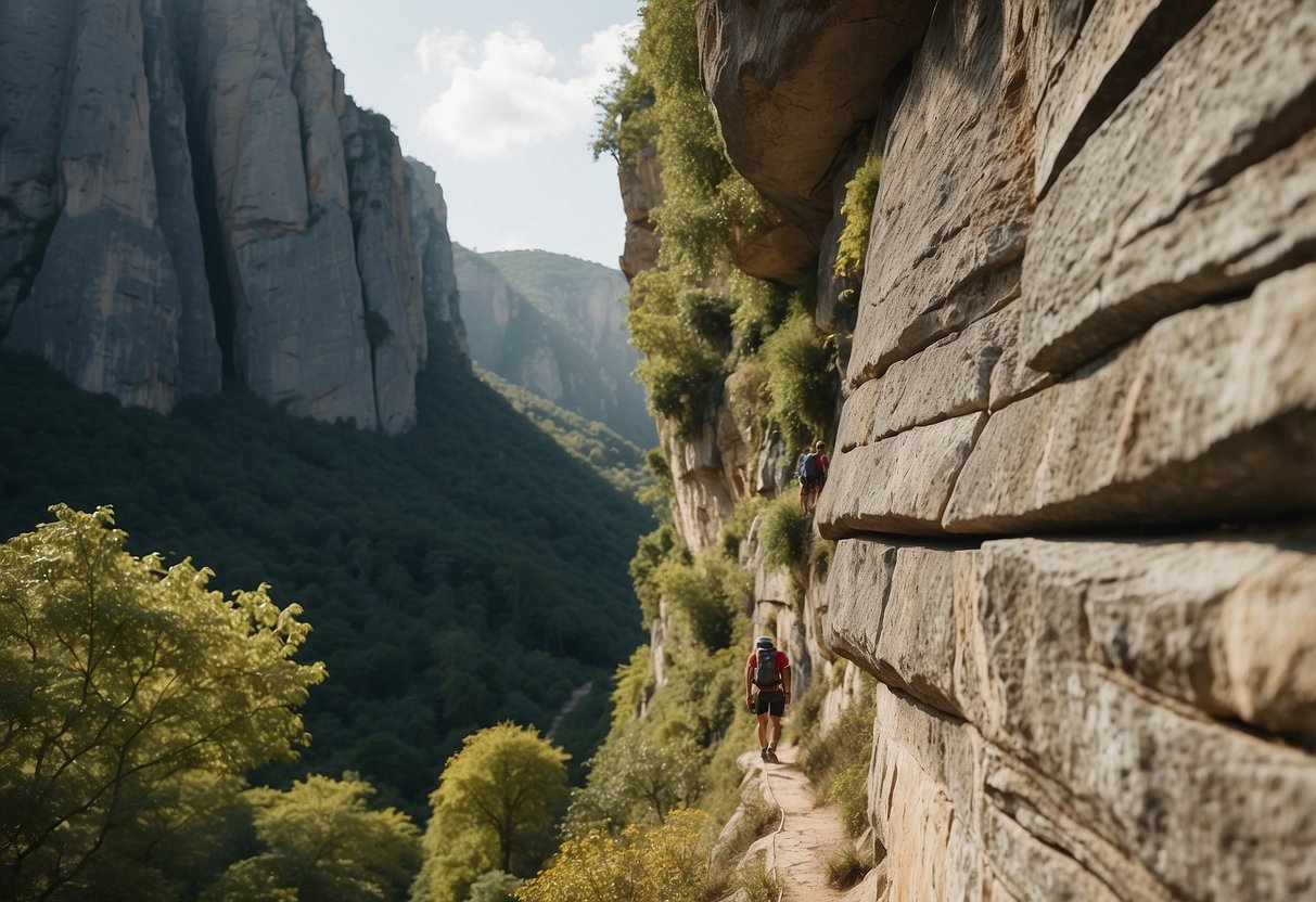 A climbing route with minimal chalk usage, surrounded by natural rock formations and vegetation