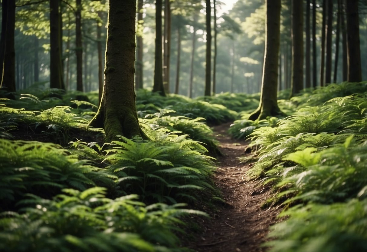 Lush forest with climbers using designated paths, avoiding trampling vegetation. Minimal impact on surroundings