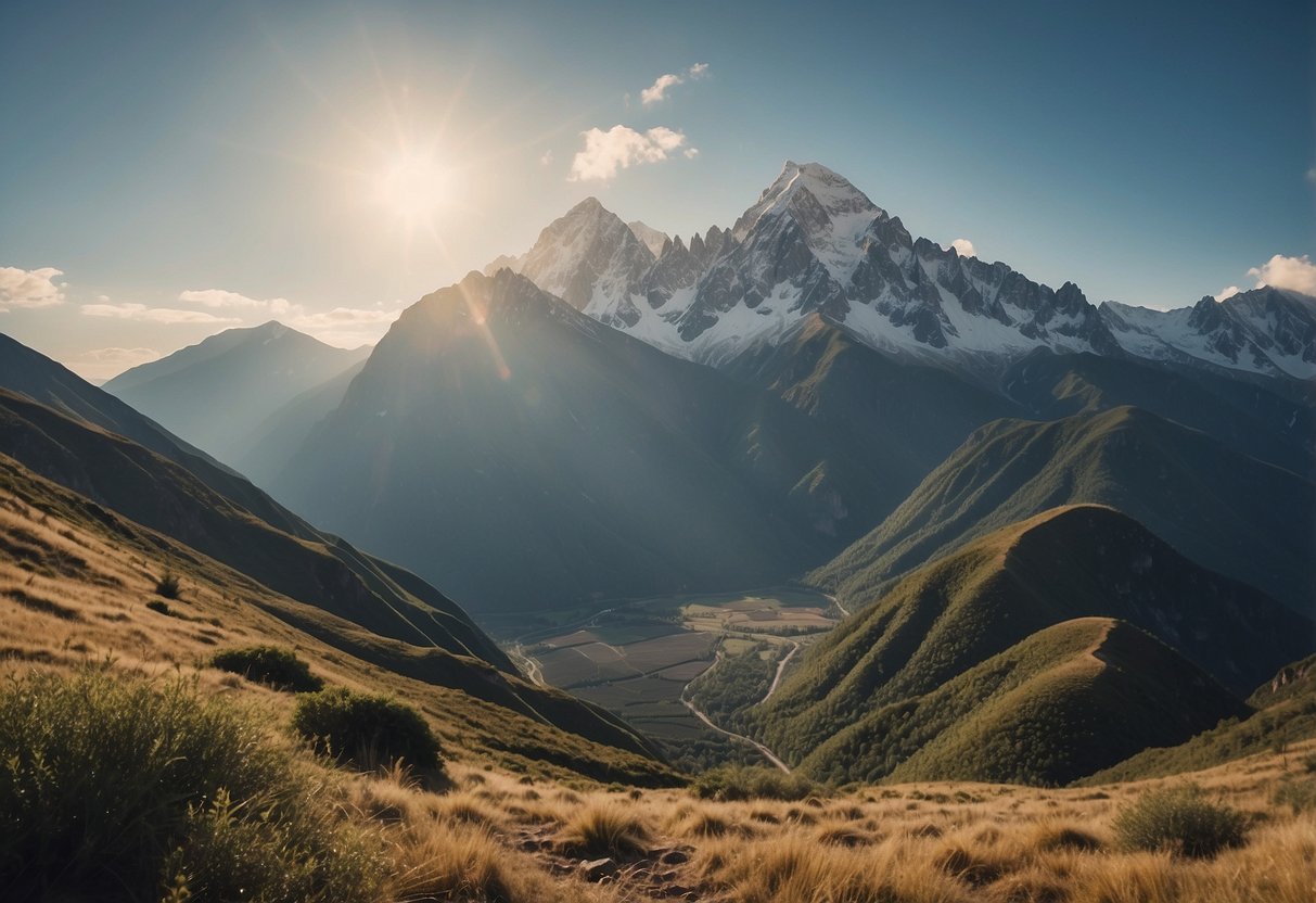 A serene mountain landscape with a prominent cultural site in the background, surrounded by climbers practicing Leave No Trace principles