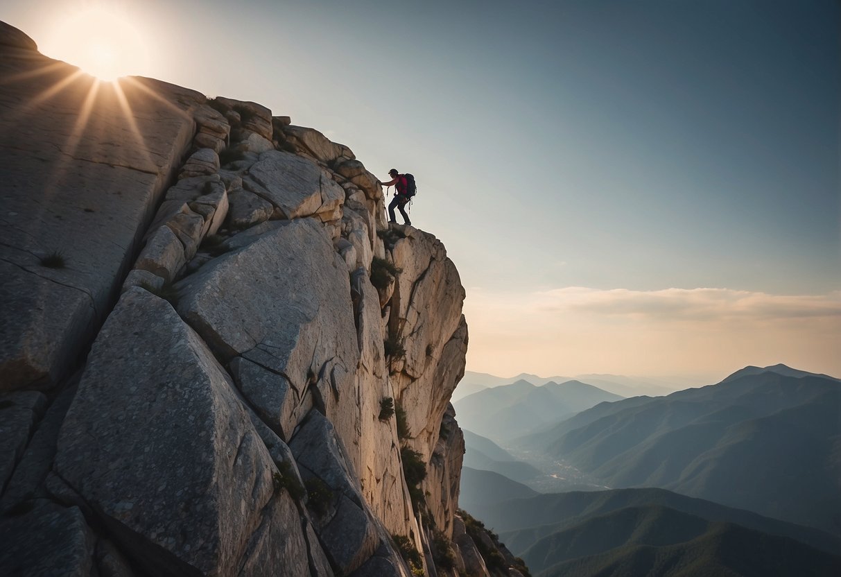 A serene mountain landscape with a climber quietly ascending a rock face, leaving no trace behind