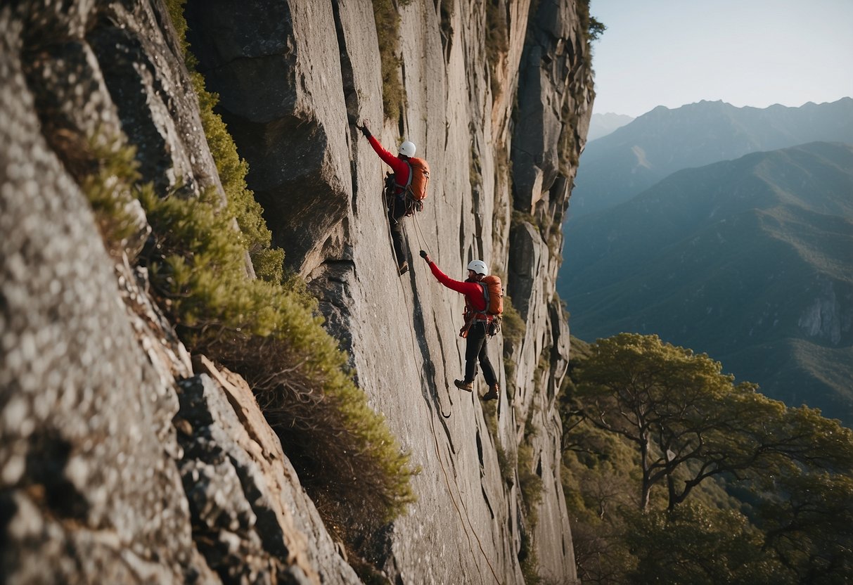 A rocky cliff with climbers ascending, surrounded by untouched nature. Rope and gear neatly organized at the base, leaving no trace