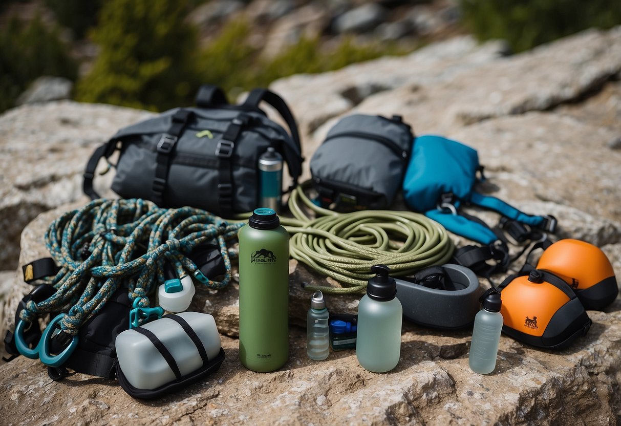 Climbing gear laid out on a rocky ledge, with reusable water bottles, biodegradable soap, and eco-friendly rope and harnesses. Leave No Trace principles emphasized