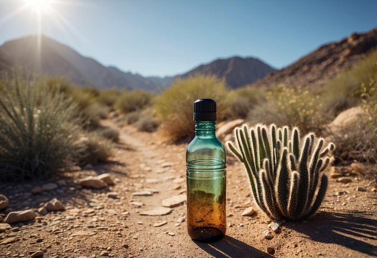 A rocky mountain trail under a scorching sun, with cacti and dry shrubs lining the path. A water bottle and sun hat lay on the ground