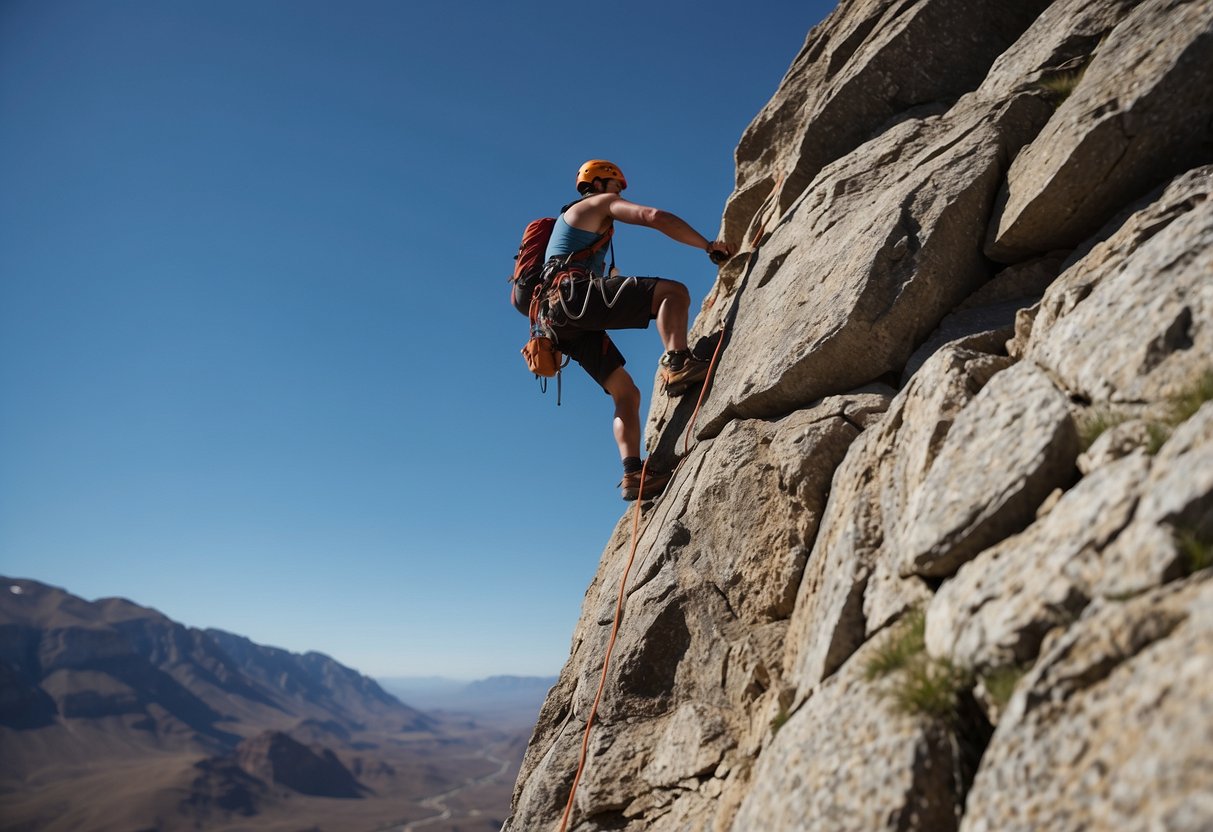 A climber in light clothing scales a rocky cliff under the hot sun. The bright blue sky and rugged terrain create a challenging yet exhilarating environment