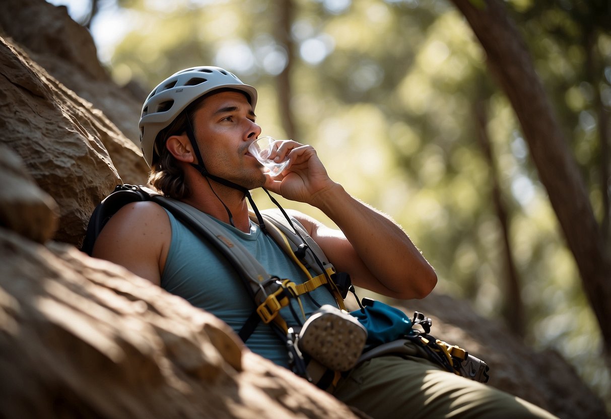 A climber rests in shade, sipping water. Sweat drips from their brow as the sun beats down. Rocks and gear lie nearby