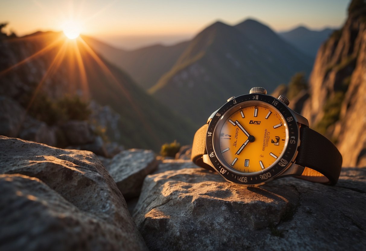 The sun rises over a rocky cliff, casting a warm glow on the jagged edges. A climber's gear lays scattered on the ground, ready for an early morning ascent