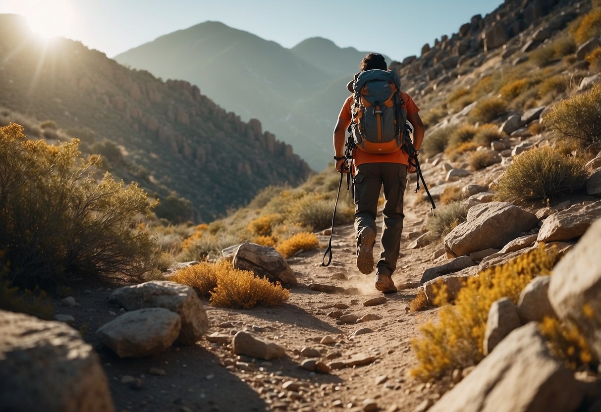 A figure ascends a rocky path under a blazing sun. The landscape is parched and rugged, with sparse vegetation and a cloudless sky. Sweat drips from the climber's brow as they navigate the challenging terrain