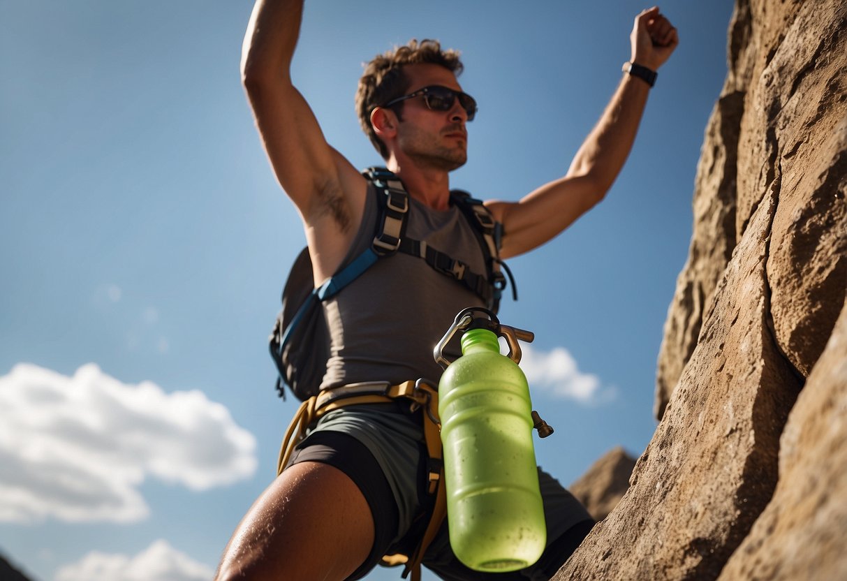 A figure scaling a steep rock face under a scorching sun, with sweat glistening on their brow and a water bottle hanging from their harness