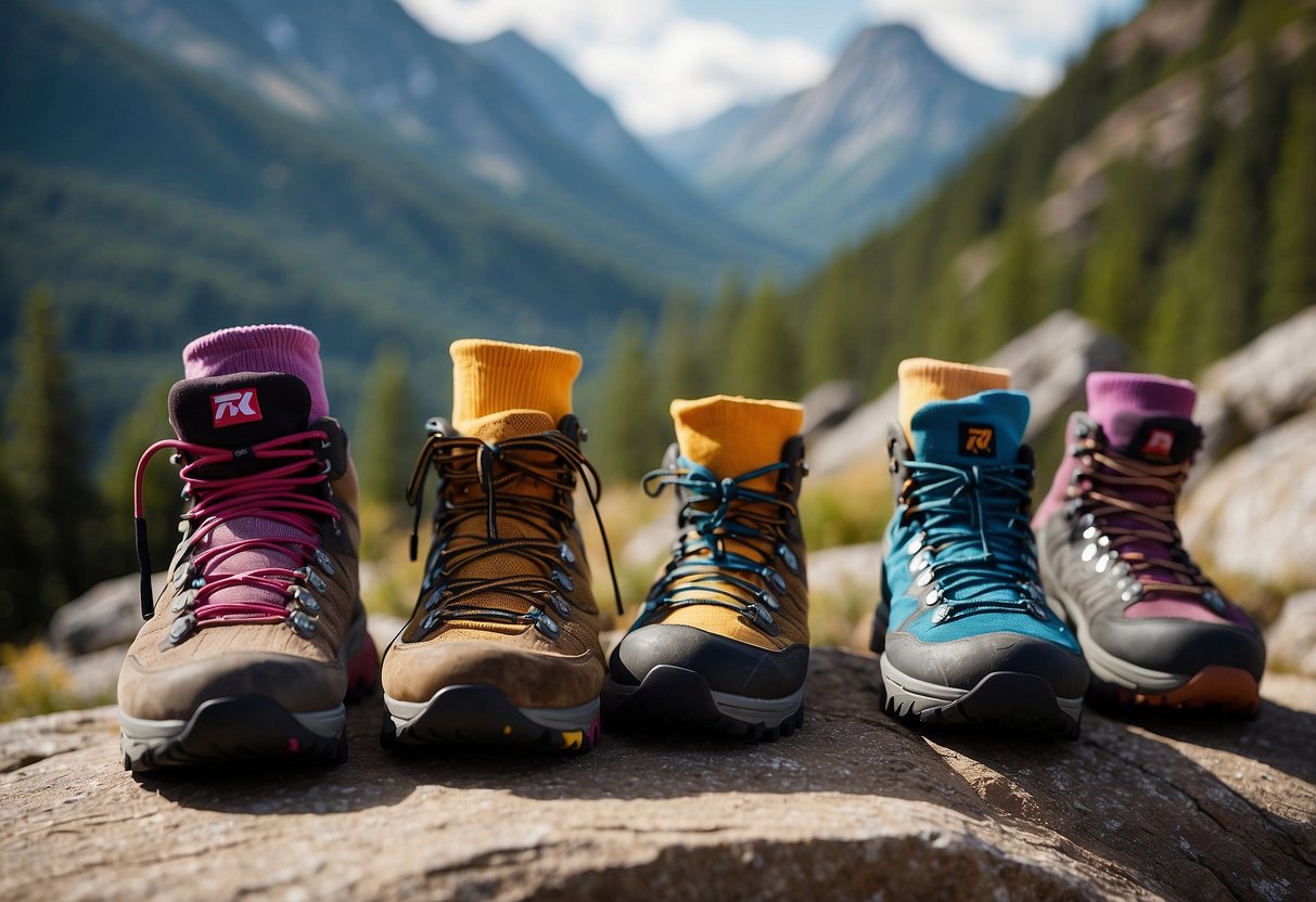 A rocky mountain peak with 5 pairs of colorful, durable climbing socks laid out in a neat row, surrounded by climbing gear and a scenic backdrop