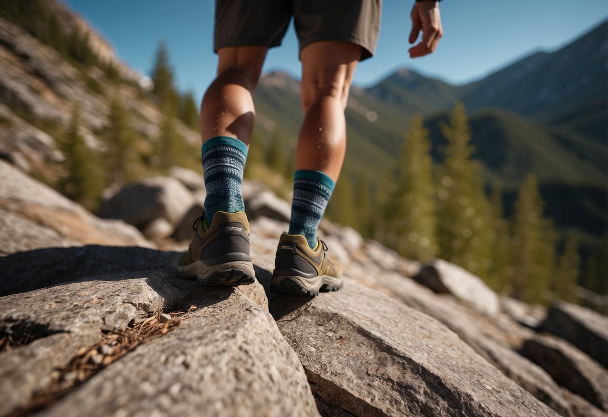 A rocky mountain trail with Smartwool socks on hiker's feet, showcasing durability and comfort