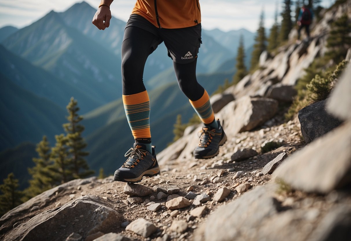 A rocky mountain trail with climbers wearing Injinji Trail Midweight Mini-Crew socks, navigating steep inclines and rocky terrain