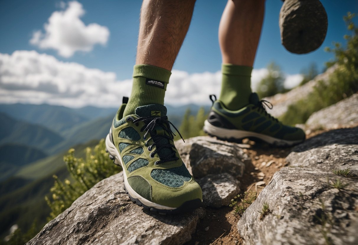 Lush green mountainside, with a climber scaling a rock face, wearing Farm to Feet Damascus Lightweight socks. Blue sky and white clouds in the background