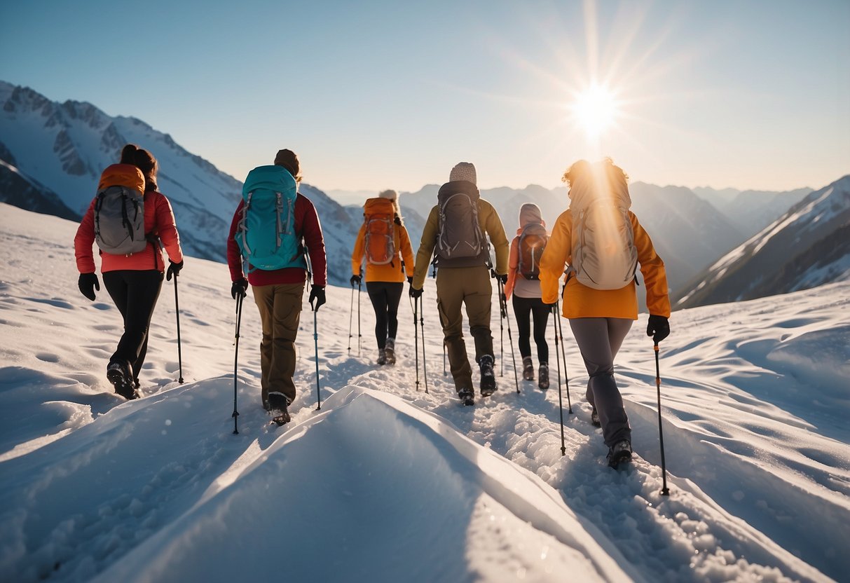 A group of hikers trek across a snowy landscape, wearing durable and comfortable climbing socks. The sun casts a warm glow on the icy terrain