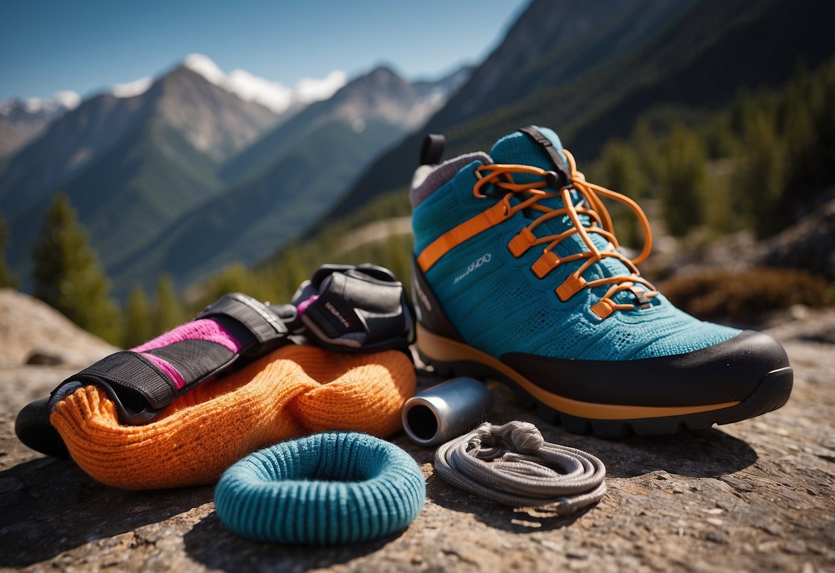 A pair of colorful climbing socks laid out next to a pair of climbing shoes, with a mountain backdrop and a chalk bag in the background