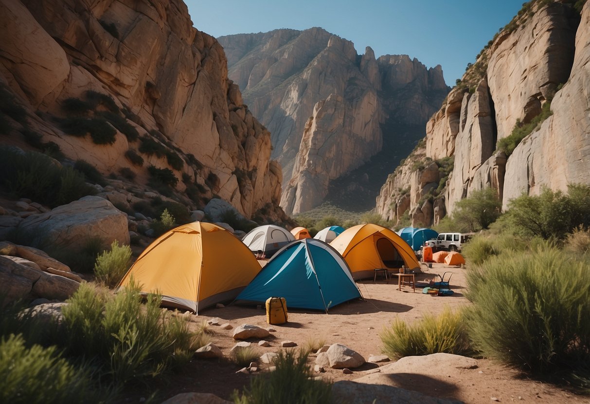 Campsites nestled among towering cliffs, with climbers scaling rock faces and colorful tents dotting the rugged landscape