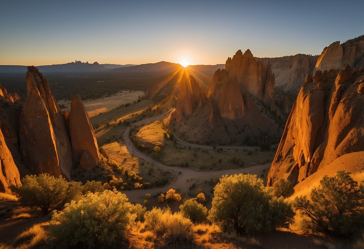 The sun sets behind the iconic rock formations at Smith Rock, Oregon. Climbers pitch tents at the 10 best campsites, preparing for a day of adventure