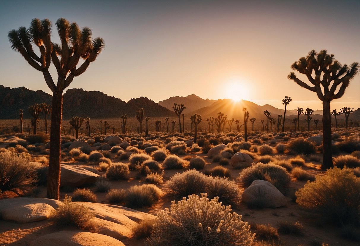 The sun sets behind the iconic Joshua trees, casting long shadows over the rugged landscape. Climbers pitch their tents at the base of massive rock formations, eager for a day of adventure ahead