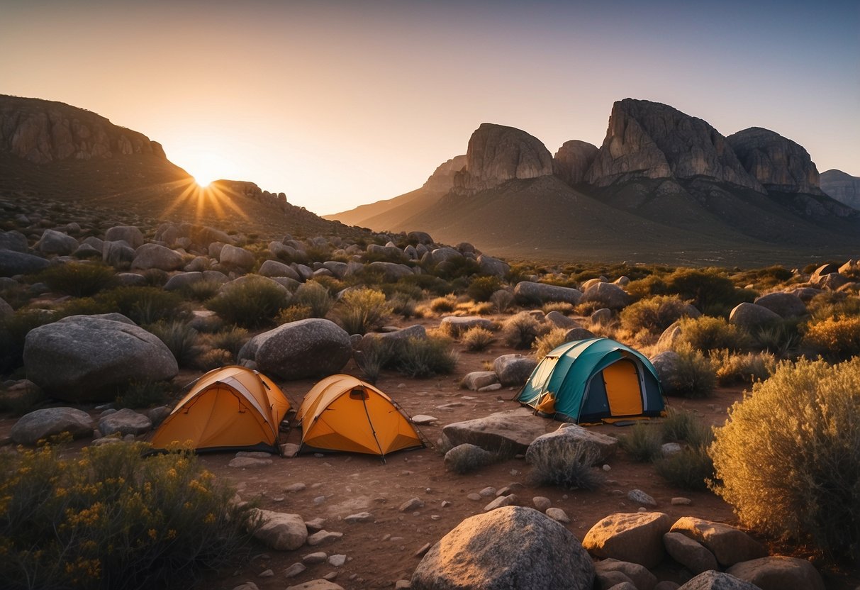 Rocklands, South Africa: Campsites nestled among rocky outcrops. Climbers scale boulders against a backdrop of rugged mountains and vibrant sunsets