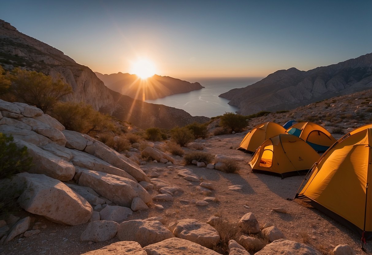 The sun sets over the rugged cliffs of Kalymnos, Greece. Tents are pitched at the base of the limestone walls, where climbers prepare for their next ascent. The sound of carabiners clicking and chalk dust fills the air