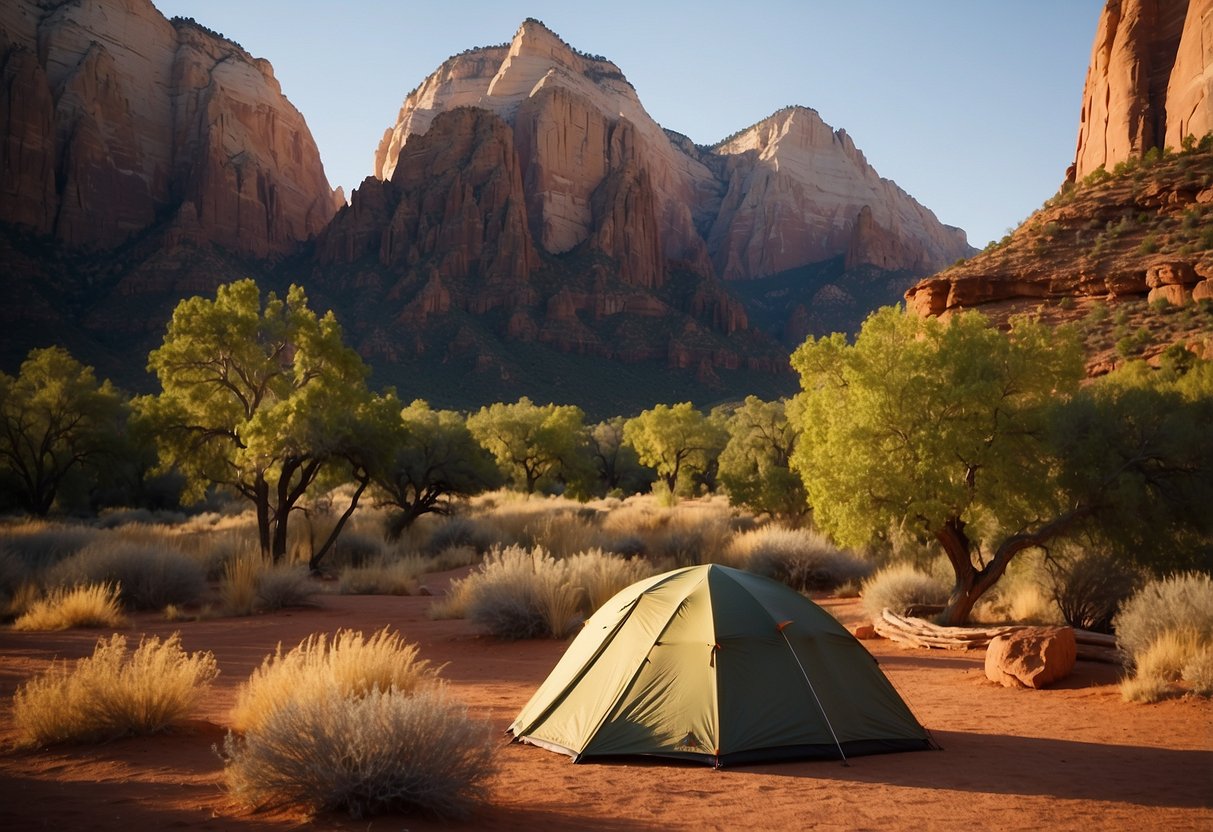 Sunset at Zion National Park, climbers pitch tents among red rock formations near towering cliffs and winding rivers