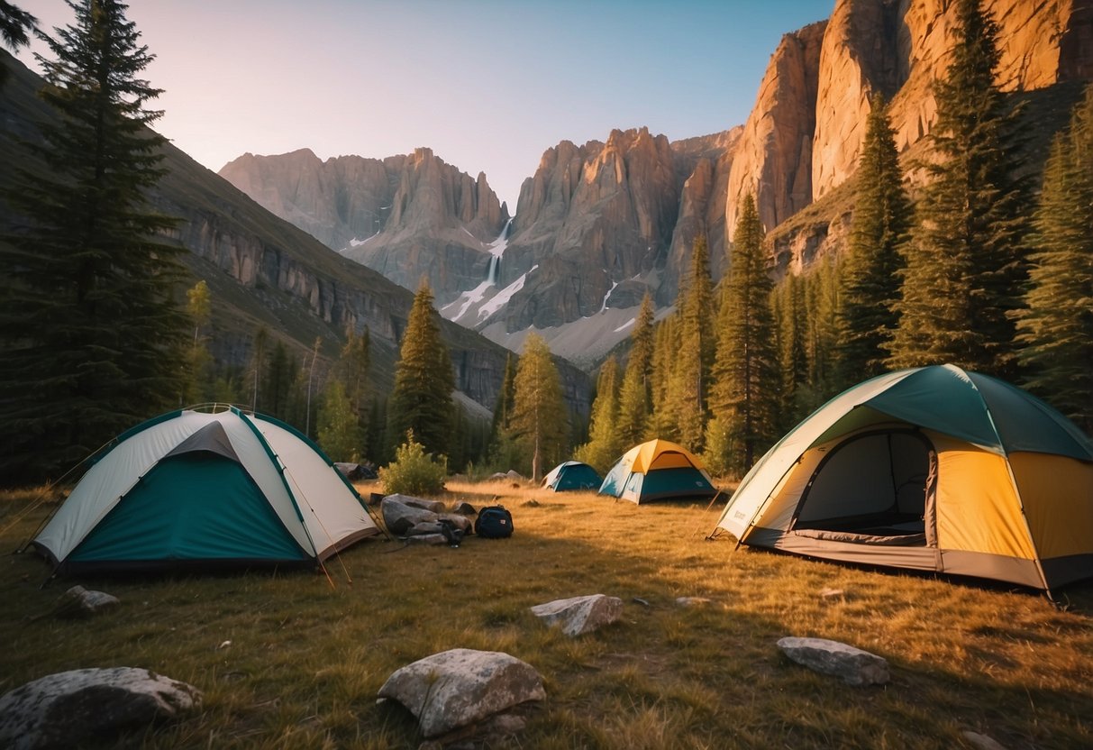 A campsite with tents, climbing gear, and equipment scattered around. A backdrop of towering cliffs and rugged terrain. Sunrise or sunset lighting casting a warm glow over the scene