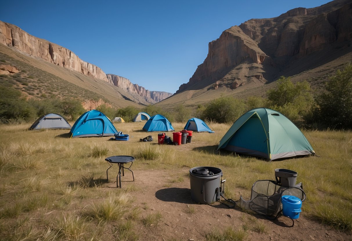 Campsites nestled among towering cliffs, with secure anchor points and ample space for gear. Clear signage and designated areas for waste disposal