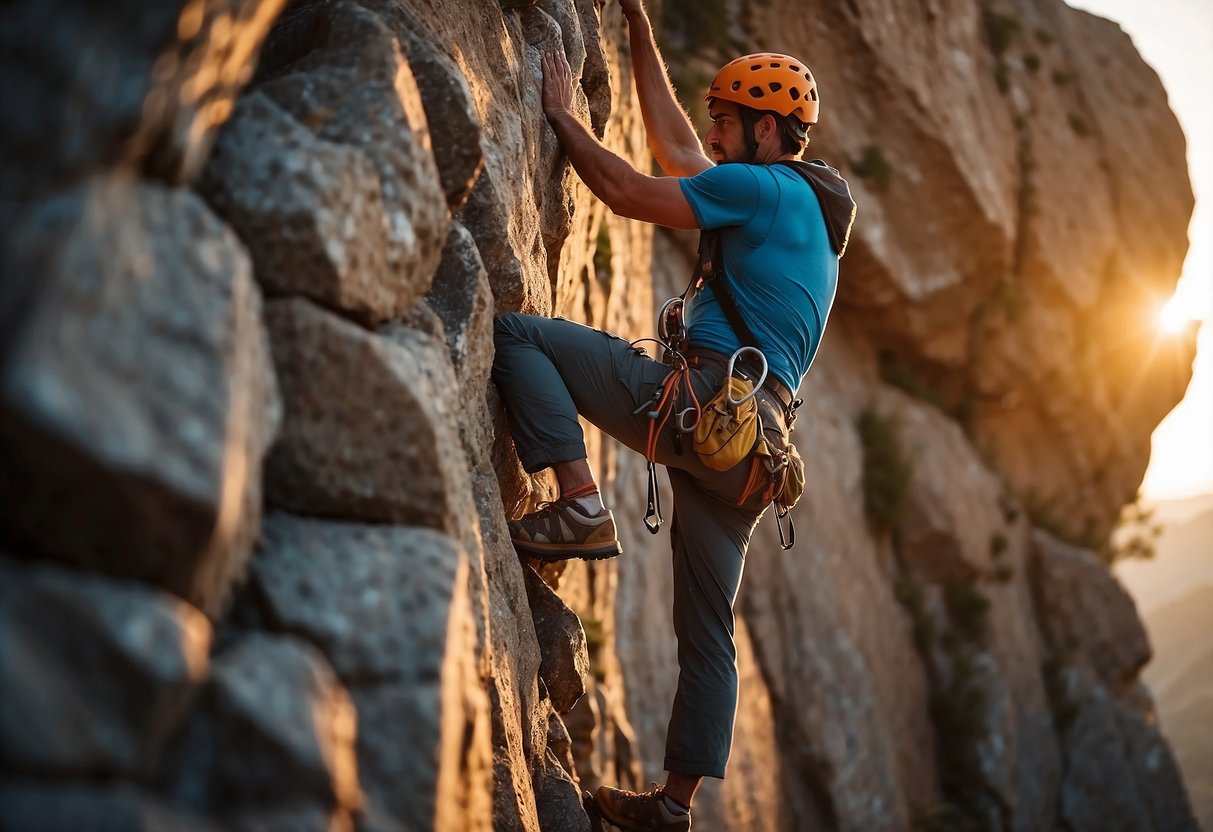 A climber scales a rocky wall with minimal gear, using creative techniques to navigate the challenging terrain. The sun sets in the distance, casting a warm glow on the rugged landscape