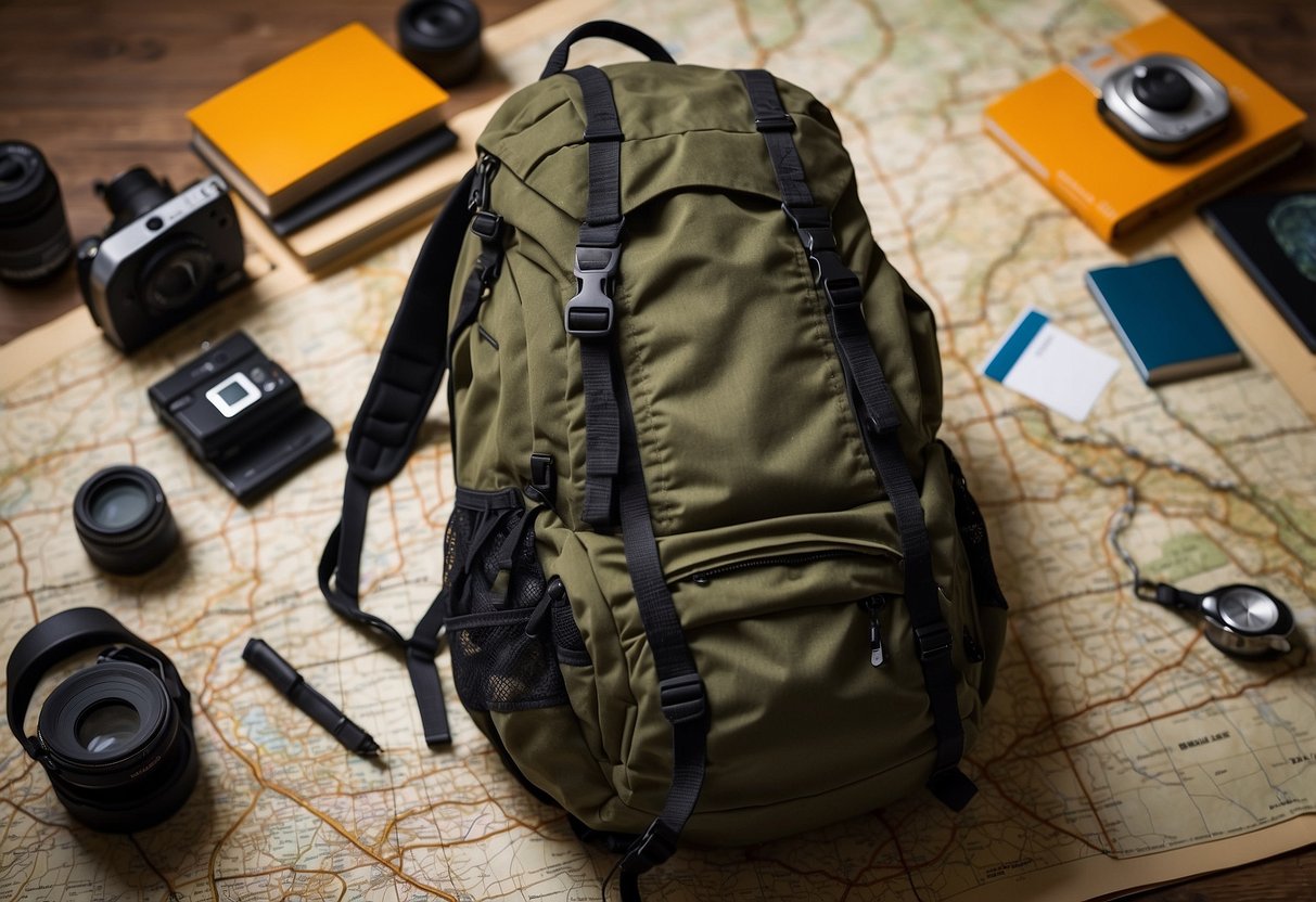 A hiker's backpack lies open on a map, surrounded by gear and supplies. A pencil marks out potential routes, while a budget planner sits nearby