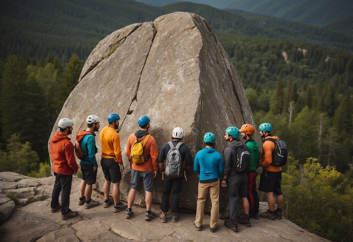 A group of climbers gather around an instructor, who demonstrates proper technique on a towering rock face. Nearby, a sign advertises free climbing classes and offers tips for budget-friendly climbing